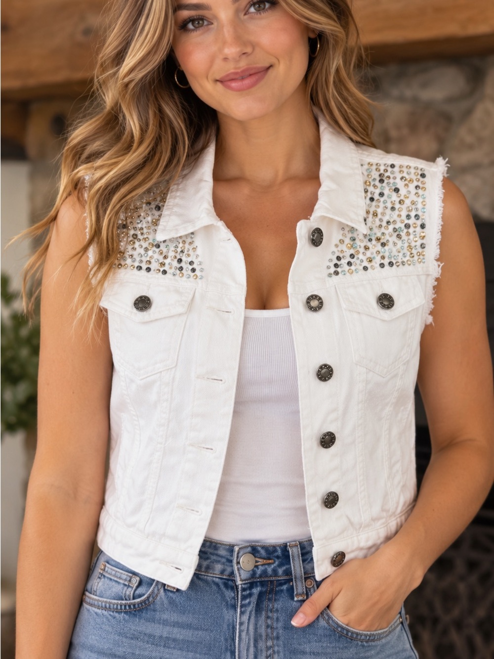White Denim Studded Sleeveless Jacket
